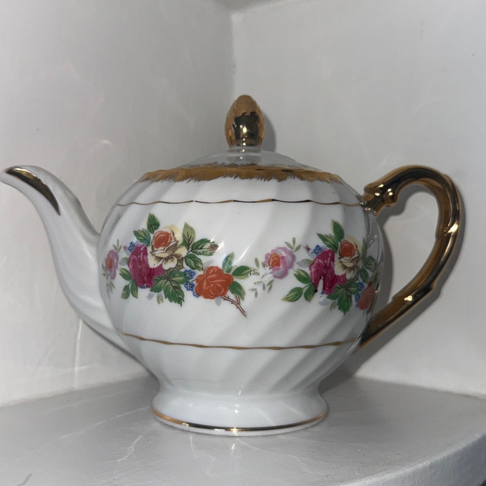Vintage Porcelain Handpainted Pretty Floral Teapot with Gold Accents